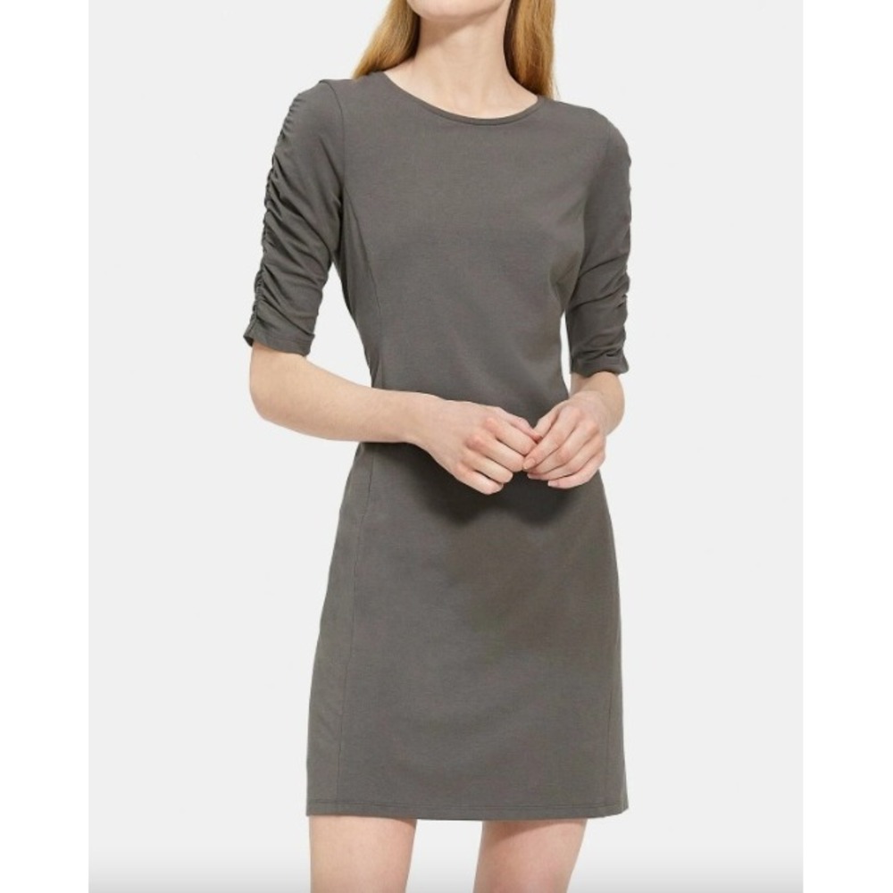 Theory Gather Sleeve Dress Rubric Olive Cotton Modal Bodycon Sheath | Size S